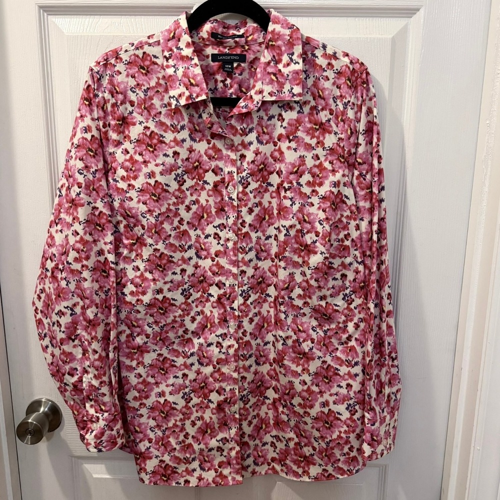Lands End Womens 18W Pink Ikat Floral No-Iron Supima Cotton Button Down Shirt